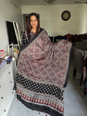 Natural dye Hand-blocked modal silk ajrakh dupatta with tazzles